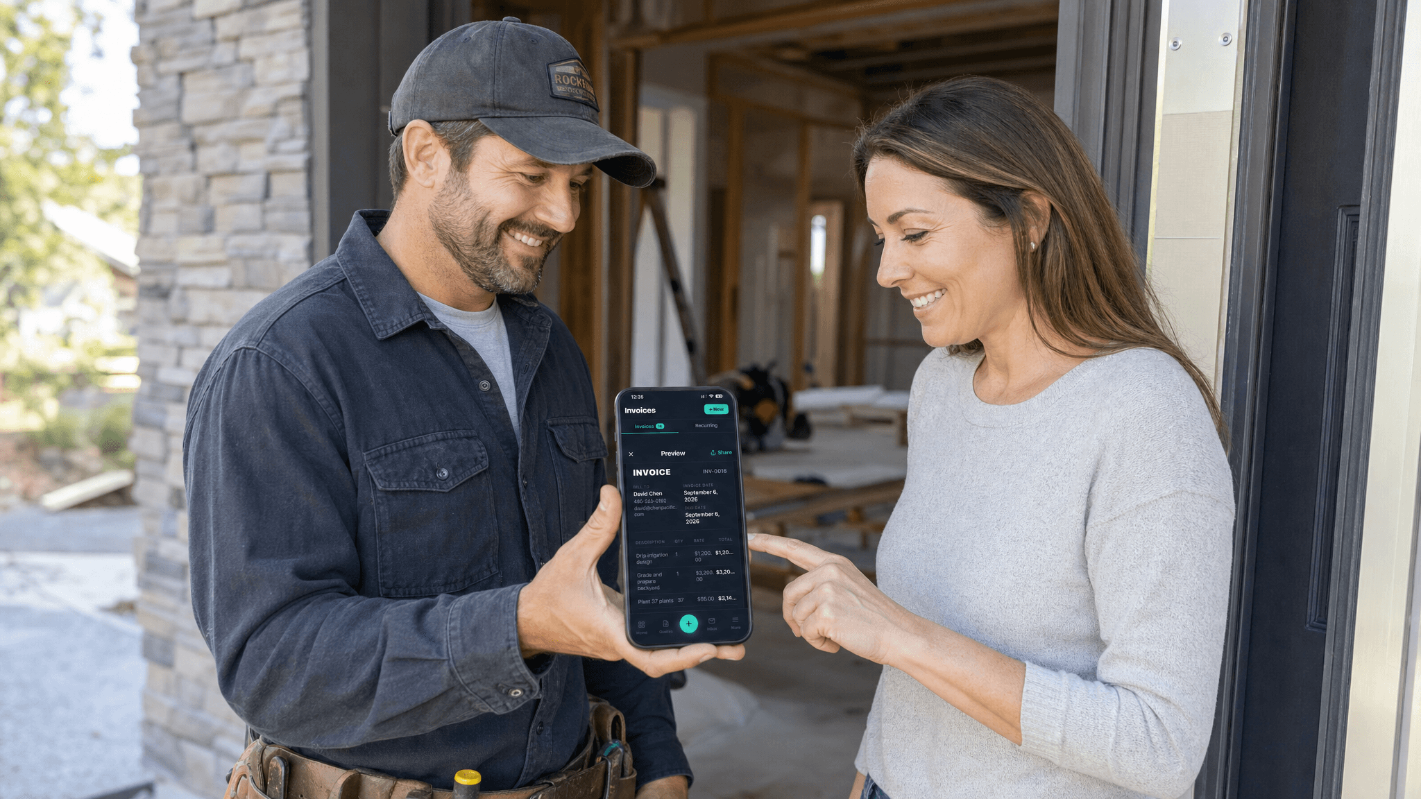 Contractor showing invoice to homeowner