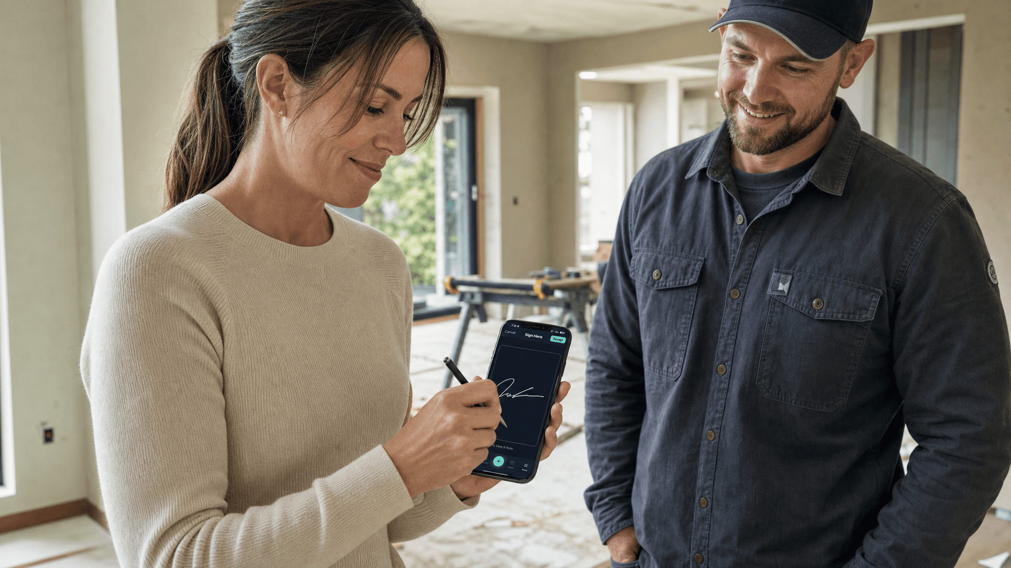Homeowner signing contract on phone