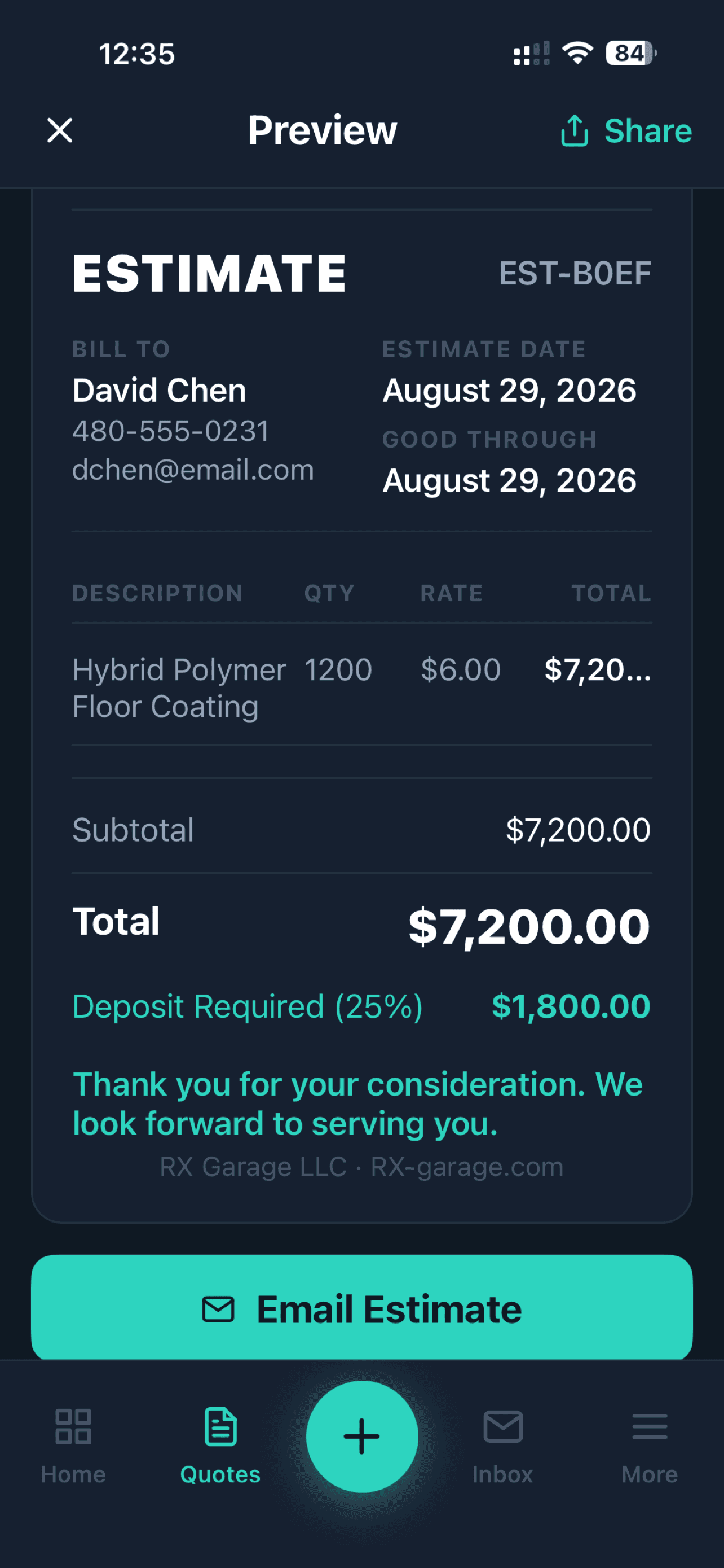 BuildBillRX estimate screen